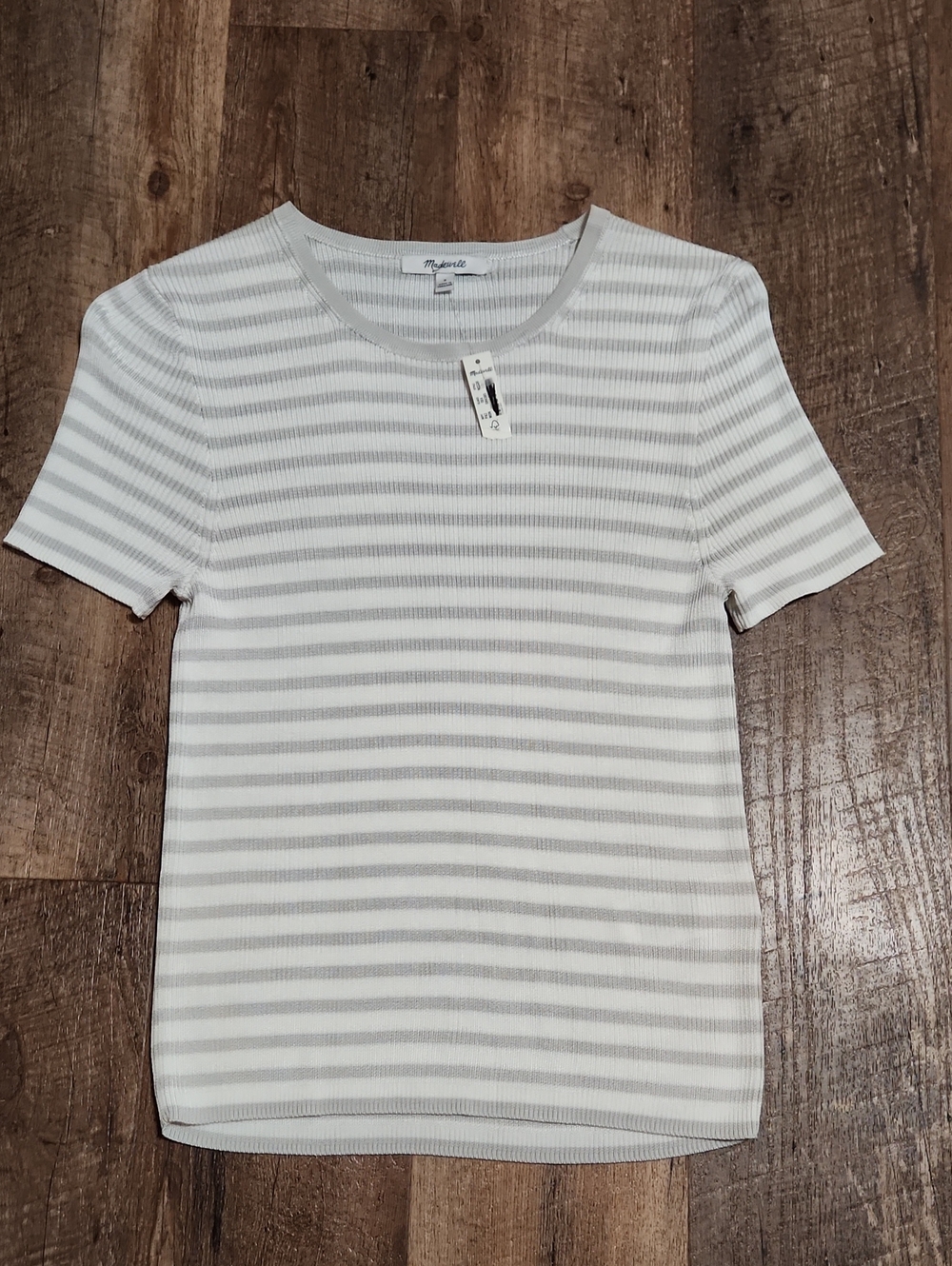 Madewell S Viscose Micro-Rib Sweater Tee Short Sleeve Ribbed White Gray Stripes